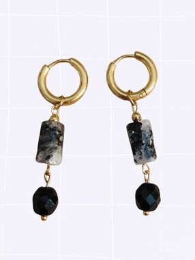Gold Hoop Dangle Earrings with Black & Gray Stone Beads